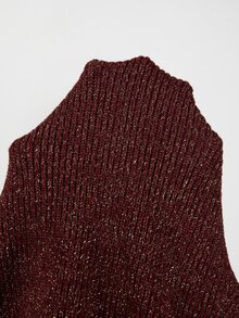 SHEIN Áo len nữ dệt kim cổ chữ V lấp lánh, viền bèo, cúc ngọc trai, tay dài loe, dáng ôm slim fit - Màu Đỏ Sâu - Xem 5