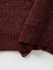 SHEIN Áo len nữ dệt kim cổ chữ V lấp lánh, viền bèo, cúc ngọc trai, tay dài loe, dáng ôm slim fit - Màu Đỏ Sâu - Xem 3