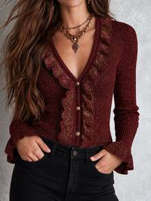 SHEIN Áo len nữ dệt kim cổ chữ V lấp lánh, viền bèo, cúc ngọc trai, tay dài loe, dáng ôm slim fit - Màu Đỏ Sâu - Xem 8
