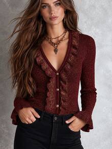 SHEIN Áo len nữ dệt kim cổ chữ V lấp lánh, viền bèo, cúc ngọc trai, tay dài loe, dáng ôm slim fit - Màu Đỏ Sâu - Xem 9