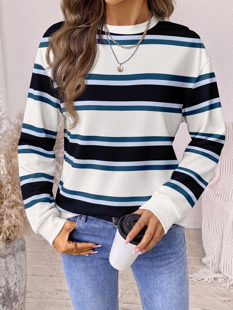 SHEIN LUNE Night Out Outfit Winter Clothes Women's Solid Color Casual Preppy Versatile Daily Wear Long Sleeve Sweatshirt Blue Top Tfit For Women - Multicolor - View 7