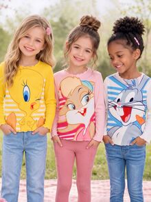 LOONEY TUNES X SHEIN 3PCS Young Girls T-Shirts Kids Young Girl Young Girl Young Girl - Multicolor - View 3