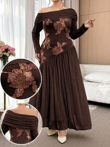 Modelyn Plus Size Women Elegant Romantic Cold Shoulder Long Sleeve Dress Formal Wedding Dinner Evening Chocolate Brown Autumn Fall - Coffee Brown - View 3