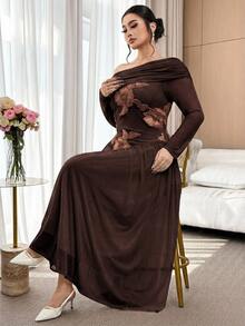 Modelyn Plus Size Women Elegant Romantic Cold Shoulder Long Sleeve Dress Formal Wedding Dinner Evening Chocolate Brown Autumn Fall - Coffee Brown - View 6