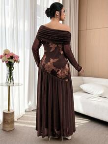 Modelyn Plus Size Women Elegant Romantic Cold Shoulder Long Sleeve Dress Formal Wedding Dinner Evening Chocolate Brown Autumn Fall - Coffee Brown - View 2