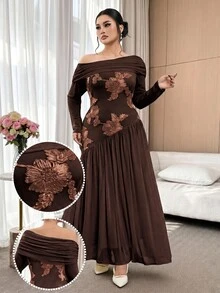 Modelyn Plus Size Women Elegant Romantic Cold Shoulder Long Sleeve Dress Formal Wedding Dinner Evening Chocolate Brown Autumn Fall - Coffee Brown - View 1
