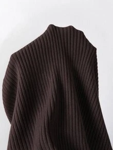 SHEIN 秋冬 V 領長袖羅紋針織中長版緊身洋裝，優雅修身派對洋裝 - 咖啡棕 - 查看 5
