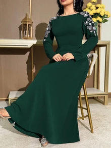 Modelyn Vestido elegante de fiesta con bordado de lentejuelas para tallas grandes - Verde Oscuro - Ver 6