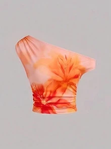 少女蓝色休闲碎花不对称褶皱修身两件套半身裙，适合夏季和度假穿着 - 彩色 - 查看 5