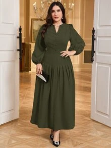 Modelyn Plus Size Elegant Business Casual Solid Color Lantern Sleeve Dress Party Dinner Evening Tea Brunch Formal Office Fall Army Green - Army Green - View 4