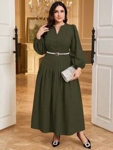 Modelyn Plus Size Elegant Business Casual Solid Color Lantern Sleeve Dress Party Dinner Evening Tea Brunch Formal Office Fall Army Green - Army Green - View 7