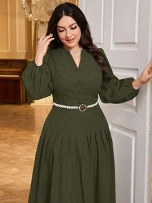 Modelyn Plus Size Elegant Business Casual Solid Color Lantern Sleeve Dress Party Dinner Evening Tea Brunch Formal Office Fall Army Green - Army Green - View 5