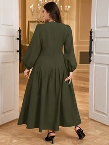 Modelyn Plus Size Elegant Business Casual Solid Color Lantern Sleeve Dress Party Dinner Evening Tea Brunch Formal Office Fall Army Green - Army Green - View 2