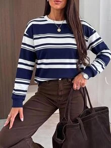 SHEIN LUNE 女款條紋外出上衣 拼色休閒百搭日常長袖運動衫 冬季女裝 藍色上衣 - 白色 - 查看 2