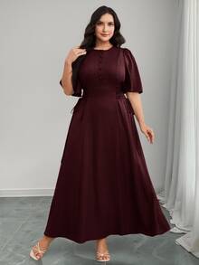 Modelyn Plus Size Women Solid Color Button Half Placket Ruffle Sleeve Waist Tie Elegant Dress - Burgundy - View 5