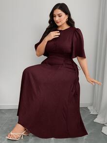 Modelyn Plus Size Women Solid Color Button Half Placket Ruffle Sleeve Waist Tie Elegant Dress - Burgundy - View 8