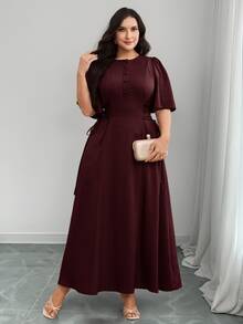 Modelyn Plus Size Women Solid Color Button Half Placket Ruffle Sleeve Waist Tie Elegant Dress - Burgundy - View 7