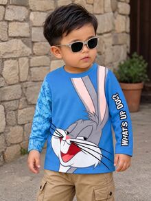 LOONEY TUNES X SHEIN Young Boy Letter Cartoon Print Crew Neck Long Sleeve Casual T-Shirt Kids - Green - View 3