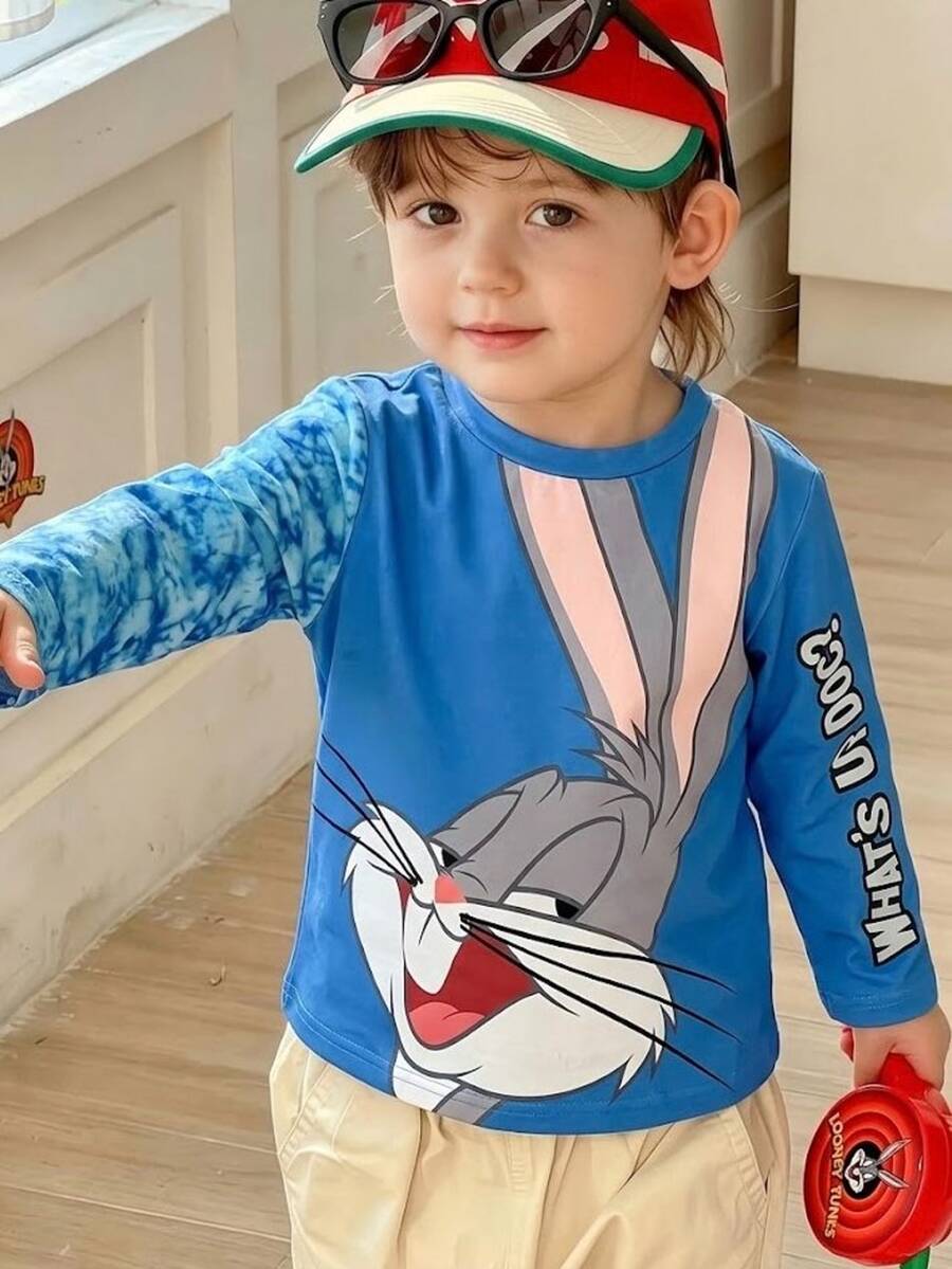LOONEY TUNES X SHEIN Young Boy Letter Cartoon Print Crew Neck Long Sleeve Casual T-Shirt Kids - Green - View 1