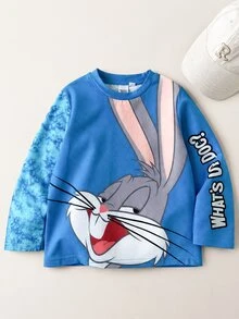 LOONEY TUNES X SHEIN Young Boy Letter Cartoon Print Crew Neck Long Sleeve Casual T-Shirt Kids - Green - View 2