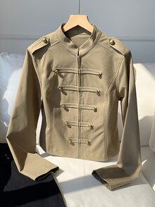 Comfortcana Women's Long Sleeve Button-Up Solid Color Napoleon Military Jacket, Halloween - Army Green - View 6