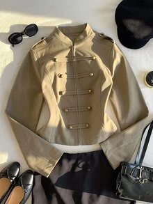 Comfortcana Women's Long Sleeve Button-Up Solid Color Napoleon Military Jacket, Halloween - Army Green - View 9