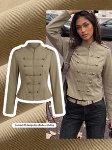 Comfortcana Women's Long Sleeve Button-Up Solid Color Napoleon Military Jacket, Halloween - Army Green - View 7