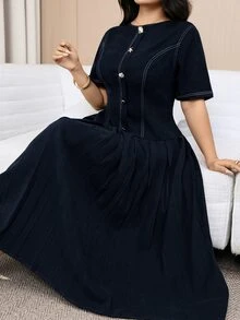 Modelyn Plus Size Round Neck Metal Decor Business Casual Elegant Short Sleeve Dress Teachers' Day Evening Tea Party Brunch Formal Navy Blue Summer - Navy Blue - View 3