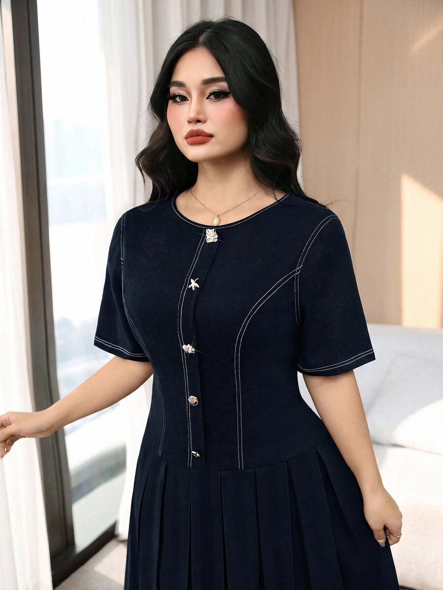 Modelyn Plus Size Round Neck Metal Decor Business Casual Elegant Short Sleeve Dress Teachers' Day Evening Tea Party Brunch Formal Navy Blue Summer - Navy Blue - View 1