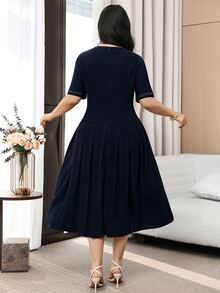 Modelyn Plus Size Round Neck Metal Decor Business Casual Elegant Short Sleeve Dress Teachers' Day Evening Tea Party Brunch Formal Navy Blue Summer - Navy Blue - View 2