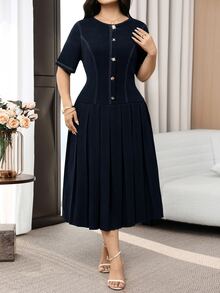 Modelyn Plus Size Round Neck Metal Decor Business Casual Elegant Short Sleeve Dress Teachers' Day Evening Tea Party Brunch Formal Navy Blue Summer - Navy Blue - View 7