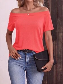 SHEIN Holidaya Fashion Casual Basic Vintage Square Neck Short Sleeve Neon Red Women's T-Shirt - Red - View 4