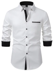 Calvornis Áo sơ mi nam dài tay phối màu, cài nút đơn, phong cách casual công sở lịch sự, thời trang đen trắng, công sở mùa thu, lễ nghi - trắng - Xem 3
