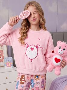 SHEIN X Care Bears 青少年女孩卡通刺繡圓領長袖休閒冬季衛衣 秋季 - 粉色 - 查看 1