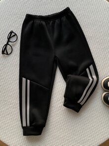 SHEIN 1件男童時尚休閒百搭運動長褲，反光膠帶設計，彈性腰頭，舒適面料，適合秋冬、返校、運動、戶外穿著 - 黑色 - 查看 3