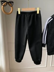 SHEIN 1件男童時尚休閒百搭運動長褲，反光膠帶設計，彈性腰頭，舒適面料，適合秋冬、返校、運動、戶外穿著 - 黑色 - 查看 4
