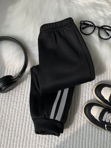 SHEIN 1件男童時尚休閒百搭運動長褲，反光膠帶設計，彈性腰頭，舒適面料，適合秋冬、返校、運動、戶外穿著 - 黑色 - 查看 6