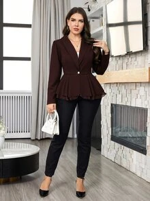 Modelyn 大尺碼女款休閒商務優雅修身西裝外套，純色修身款，秋季辦公室派對正式棕色 - 咖啡棕 - 查看 6