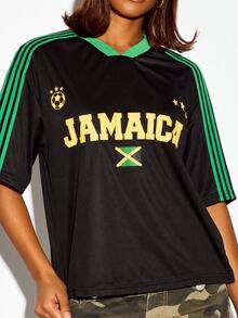 SUMWON WOMEN Boxy Fit Jamaica Graphic Oversized Football Jersey T-Shirt With V-Neck Green Stripe Sleeve Detail And Gold Arch Text Print - Black - View 4