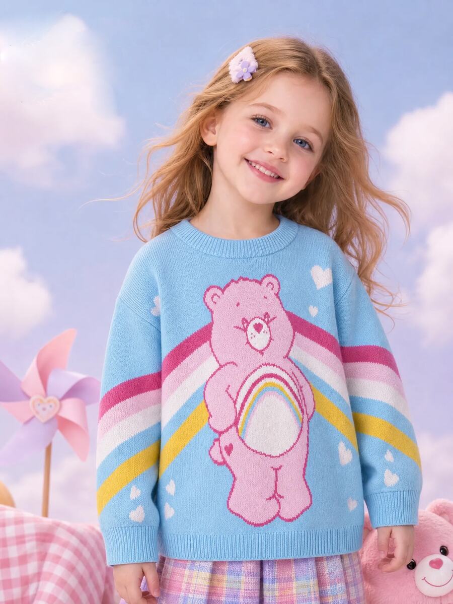 LOONEY TUNES X SHEIN Young Girl Cartoon Bear Rainbow Pattern Long Sleeve Crew Neck Casual Sweater - Blue - View 1