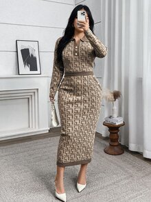 Modelyn Plus Size Geometric Print Long Sleeve Top And Skirt Elegant Smart Casual Sweater Set Autumn Winter Clothes For Women Office Khaki - Coffee Brown - View 1