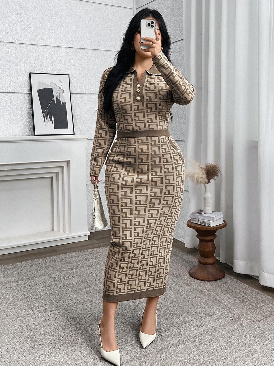 Modelyn Plus Size Geometric Print Long Sleeve Top And Skirt Elegant Smart Casual Sweater Set Autumn Winter Clothes For Women Office Khaki - Coffee Brown - View 1