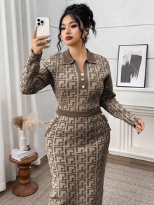 Modelyn Plus Size Geometric Print Long Sleeve Top And Skirt Elegant Smart Casual Sweater Set Autumn Winter Clothes For Women Office Khaki - Coffee Brown - View 6