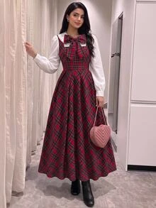 SHEIN 青少年女孩秋冬紅色格紋拼接領口蕾絲飾邊長款百褶大裙擺洋裝，優雅通勤復古學院風聖誕洋裝 - 紅色 - 查看 7