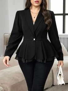 Modelyn Plus Size Women Casual Business Solid Color Fitted Blazer , Autumn Winter Suit Blazer - Black - View 4