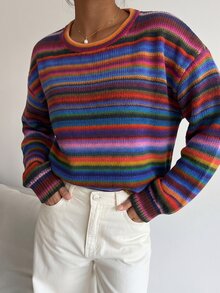 SHEIN Unity Women's Autumn Winter Dopamine Retro Vintage 70s Casual Red Striped Gradient Striped Knit Textured Loose Wide Sleeve Street Style Crew Neck Sweatshirt - Multicolor - View 5