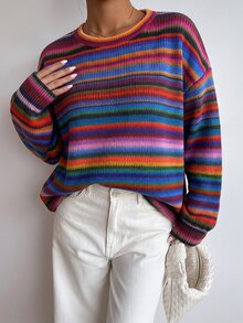 SHEIN Unity Women's Autumn Winter Dopamine Retro Vintage 70s Casual Red Striped Gradient Striped Knit Textured Loose Wide Sleeve Street Style Crew Neck Sweatshirt - Multicolor - View 6