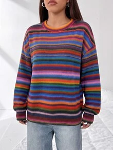 SHEIN Unity Women's Autumn Winter Dopamine Retro Vintage 70s Casual Red Striped Gradient Striped Knit Textured Loose Wide Sleeve Street Style Crew Neck Sweatshirt - Multicolor - View 4