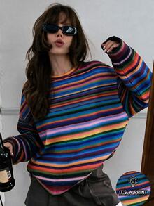 SHEIN Unity Women's Autumn Winter Dopamine Retro Vintage 70s Casual Red Striped Gradient Striped Knit Textured Loose Wide Sleeve Street Style Crew Neck Sweatshirt - Multicolor - View 2