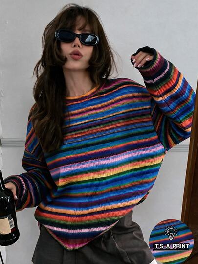 SHEIN Unity Women's Autumn Winter Dopamine Retro Vintage 70s Casual Red Striped Gradient Striped Knit Textured Loose Wide Sleeve Street Style Crew Neck Sweatshirt
